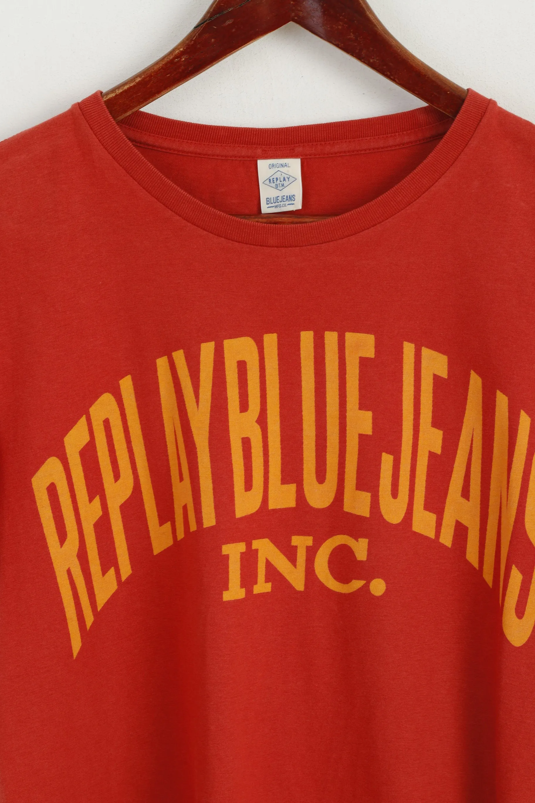 Replay Men M Shirt Orange Graphic Cotton Crew Neck Blue Jeans Summer Top