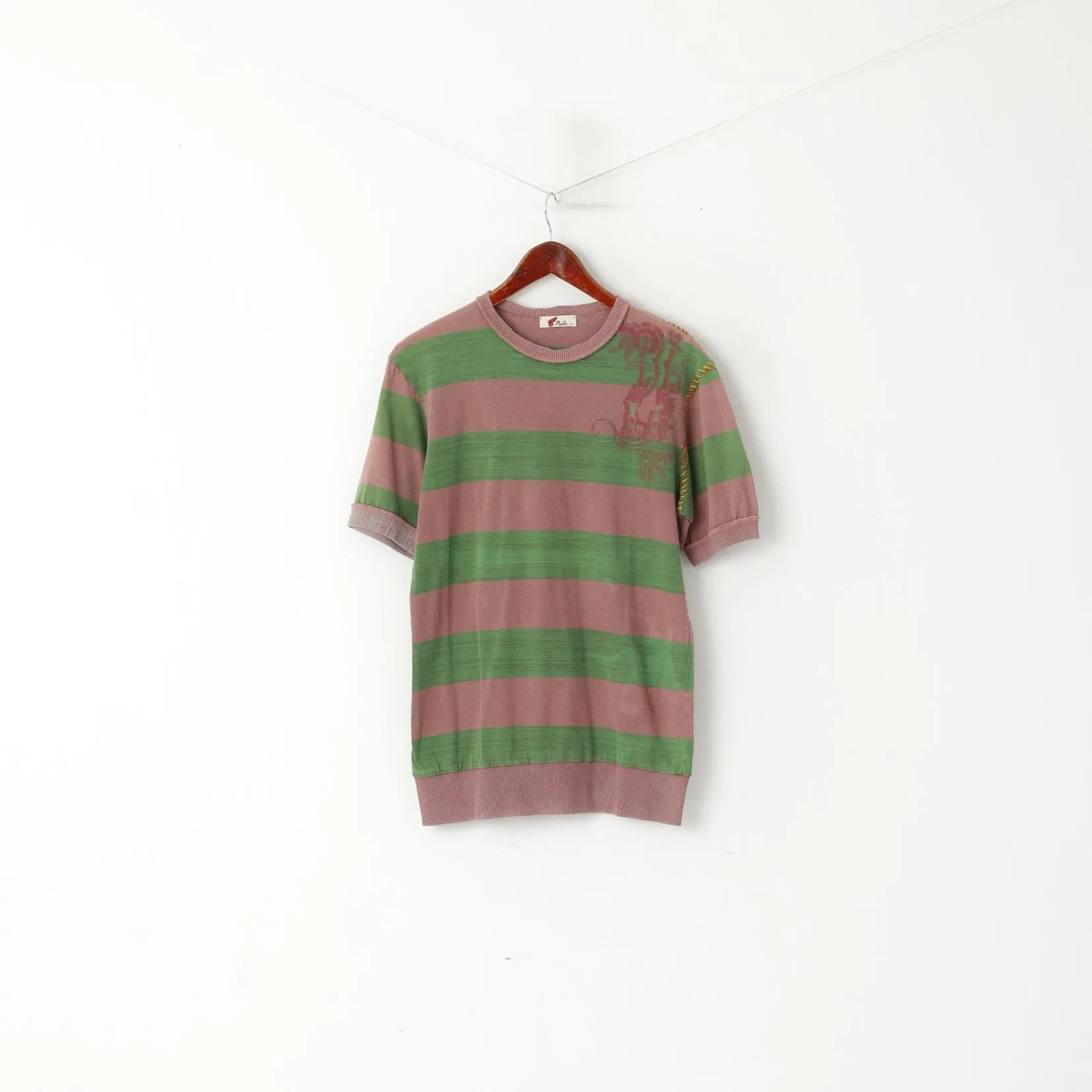 Rule Men L (M) Shirt Green Purple Striped Cotton Vintage Detailed Short Sleeve Top