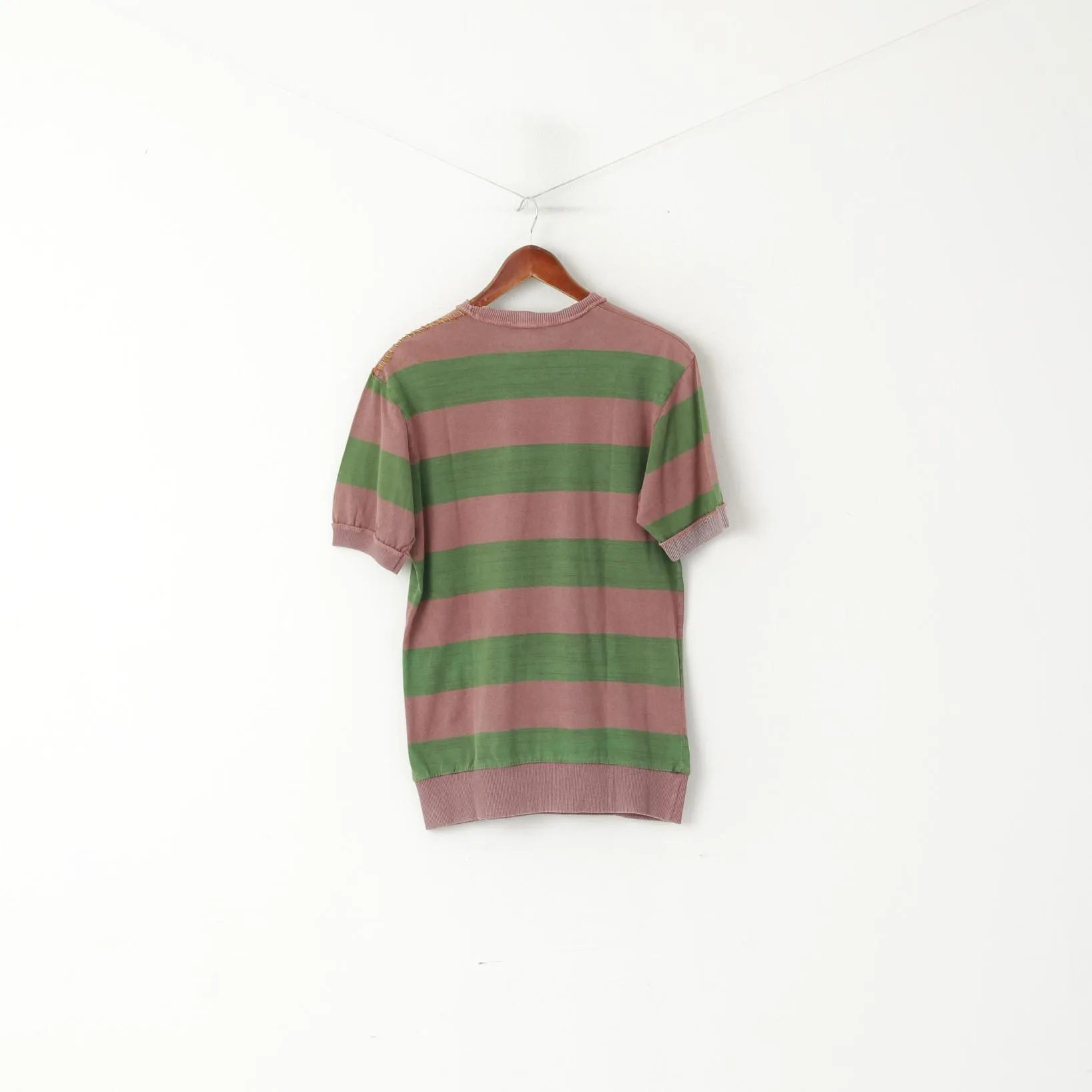Rule Men L (M) Shirt Green Purple Striped Cotton Vintage Detailed Short Sleeve Top