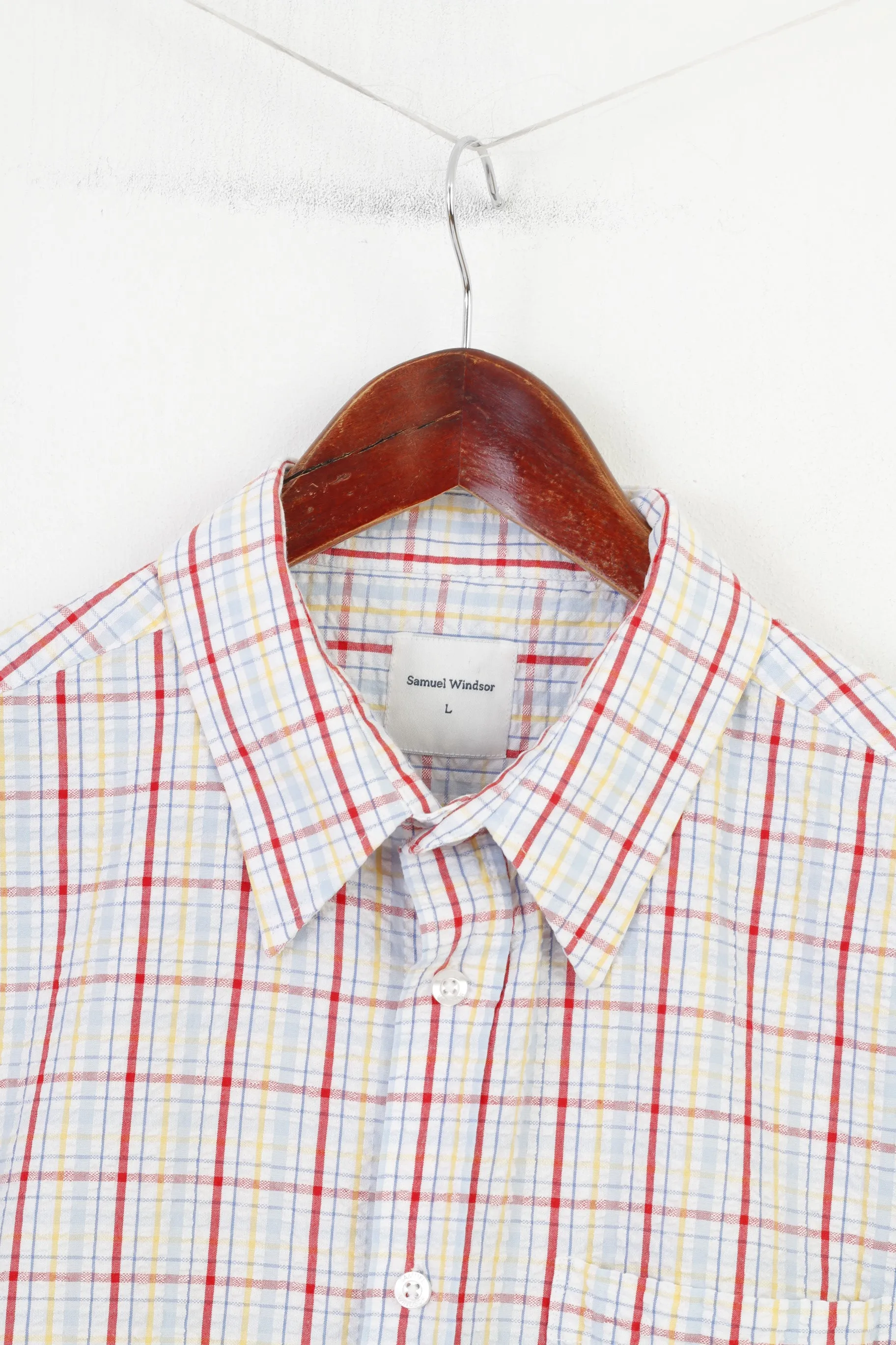 Samuel Windsor Men L Casual Shirt Checkered Short Sleeve Collar White Classic Cotton Top