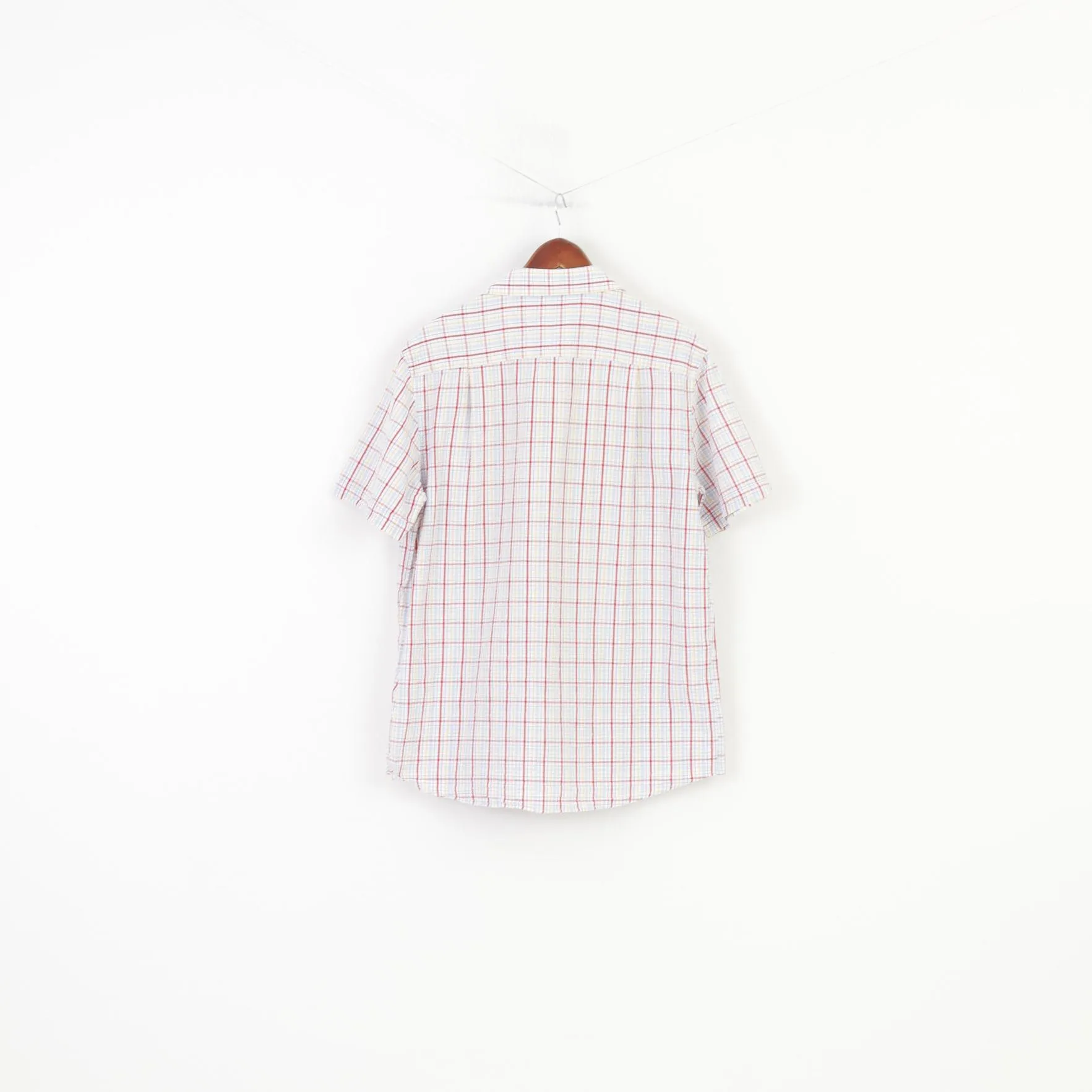 Samuel Windsor Men L Casual Shirt Checkered Short Sleeve Collar White Classic Cotton Top