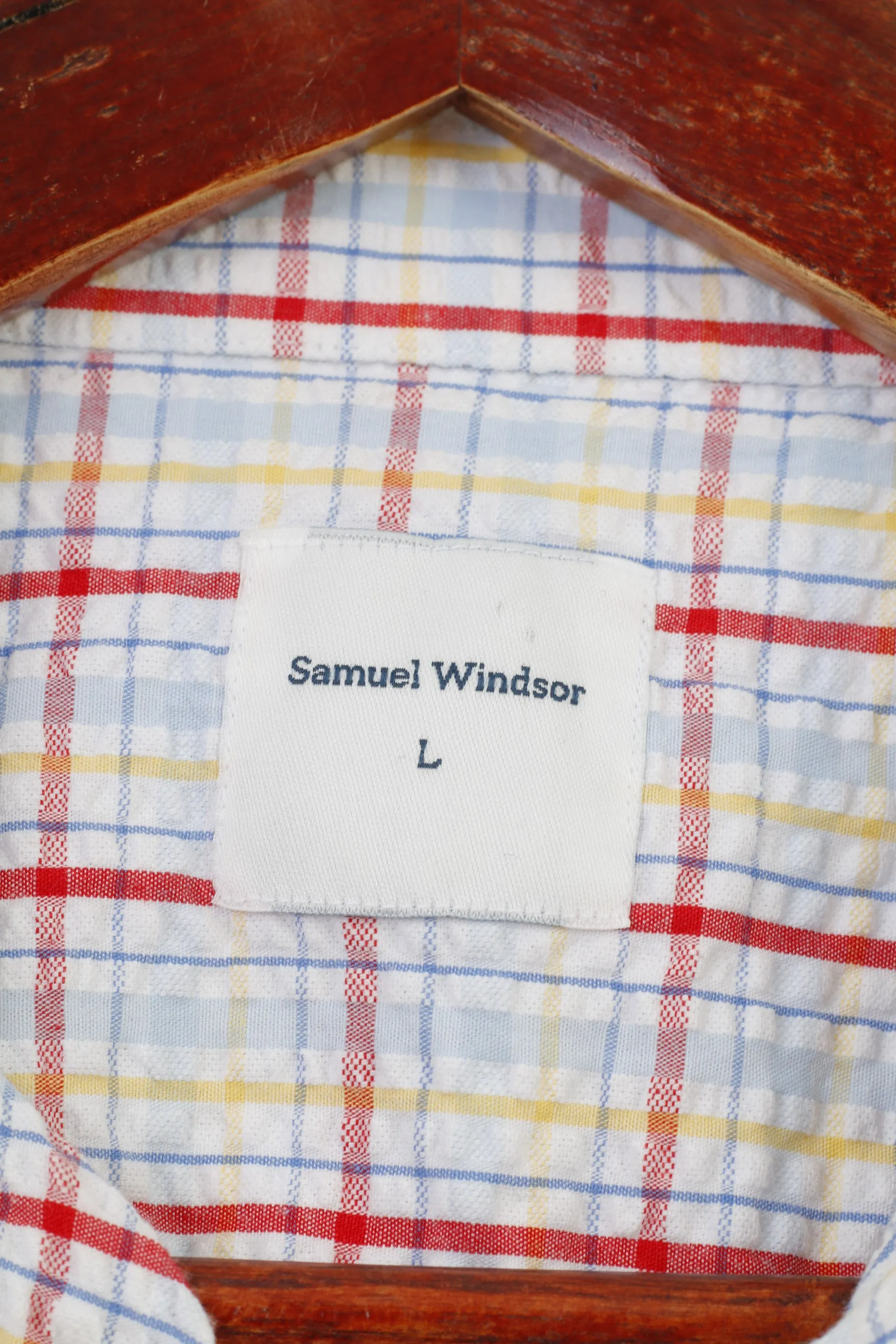 Samuel Windsor Men L Casual Shirt Checkered Short Sleeve Collar White Classic Cotton Top