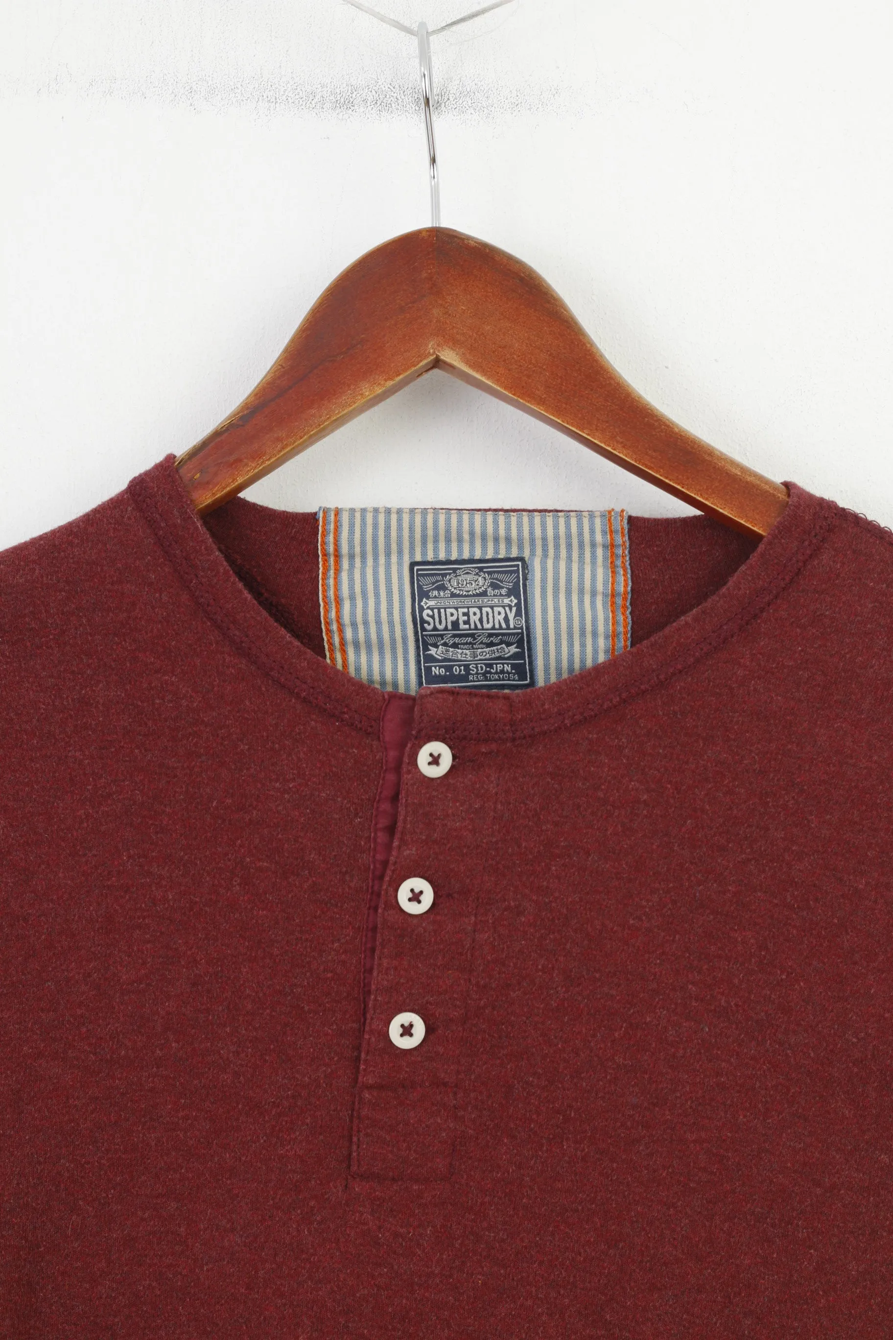 Superdry Men S Shirt Burgundy Cotton Japan Stretch Long Sleeve Crew Neck Top