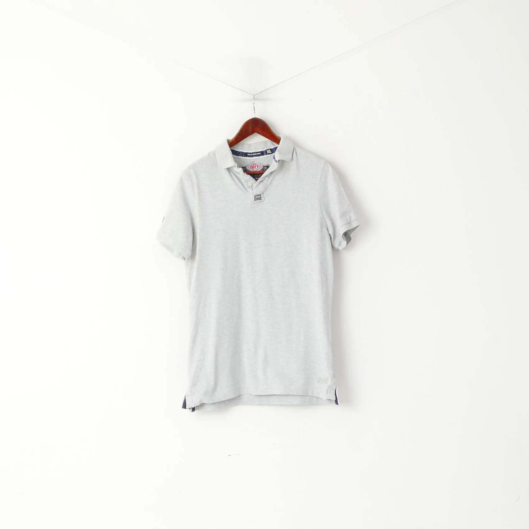 Superdry Men XL (L) Polo Shirt Grey Cotton Classic Japan Detailed Buttons Top
