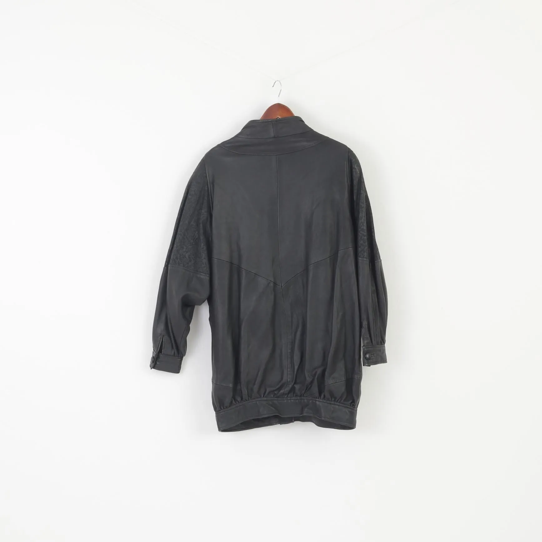 Vintage Women 38 M Jacket Black Leather Shoulder Pads Bat Retro Buttoned Top